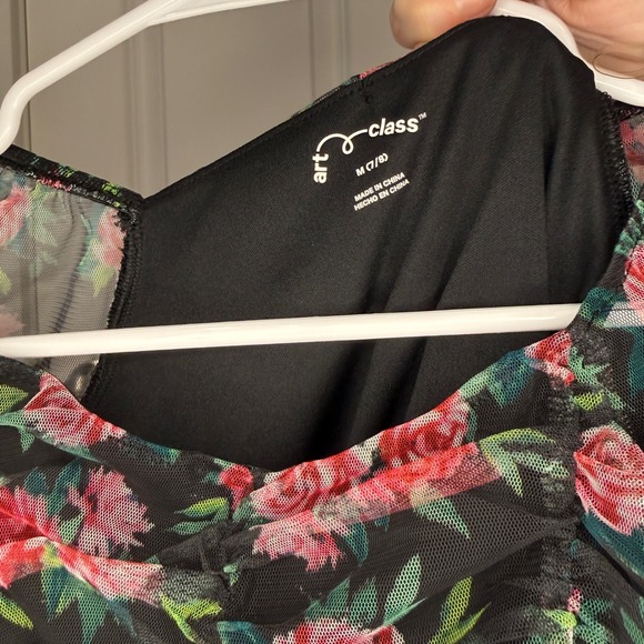 Art Class Girls Black Floral Mesh Ruched Long Sleeve Top Size M 7/8 - Picture 4 of 6